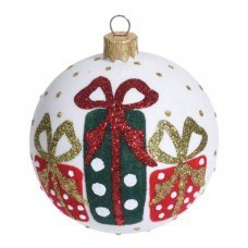 Χριστουγεννιάτικη Γυάλινη Μπάλα Λευκή με Δωράκια (10cm)